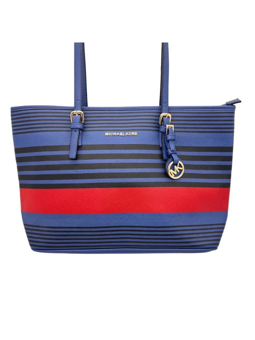 Michael Kors Jet Set Saffiano Canvas Tote Bag Gold MK Zip Closure Dual Handles